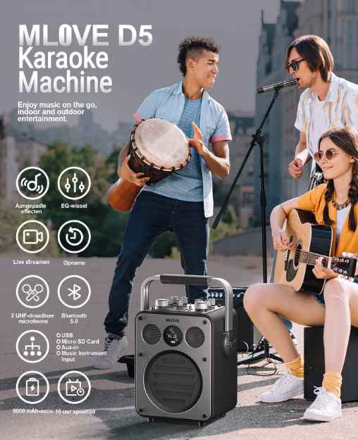 MLOVE D5 Karaoke Machine - 200W - 2 Draadloze Microfoons - Bluetooth - Zwart