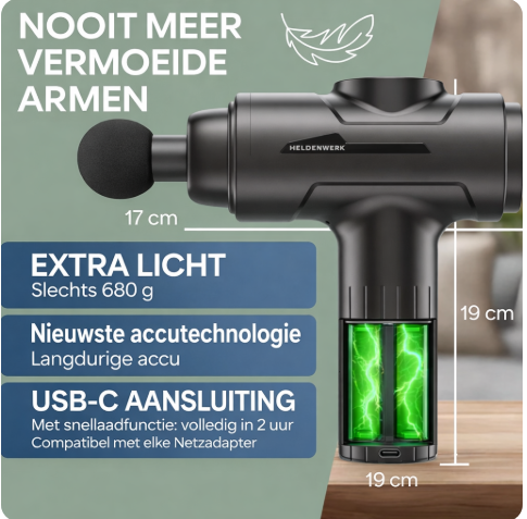 HELDENWERK Active Massagepistool – Zwart – 30 Snelheden – 6 Massagekoppen – Fluisterstil – USB-C Oplaadbaar – LCD Touchscreen – Inclusief Opbergkoffer - Zwart