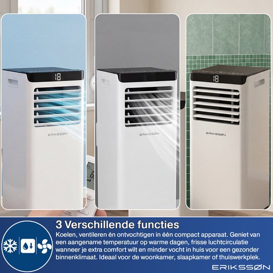 Erikssøn Mobiele Airco - 10.000 BTU - Incl. Raamafdichtingskit - Tot 30m² - 4-in-1 - Airconditioning - Ventilator - Ontvochtiger - Wit