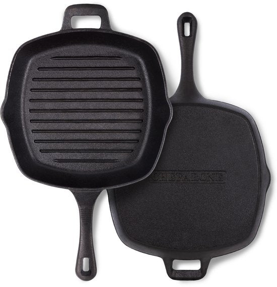 Chefarone Gietijzeren Grillpan – 25,5 cm – Voor Inductie, Gas, Oven & BBQ – Vierkante Grillpan met Ribbels – Perfecte Grillstrepen & Warmteverdeling – Pan met Handgreep