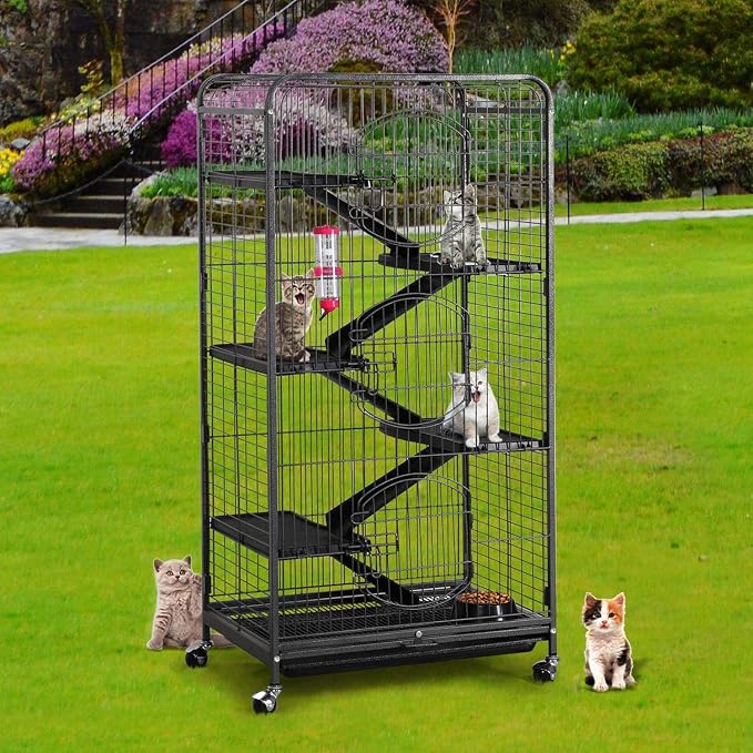 Yaheetech Knaagdierkooi 64 x 43,8 x 131,6 cm - Zwart - Verrijdbare Kooi voor Ratten, Fretten, Chinchilla's en Konijnen