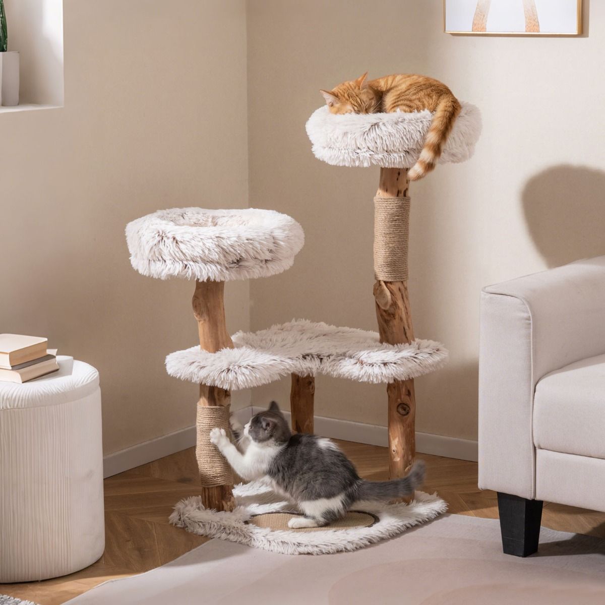 Costway Houten kattenboom - Met hangmat - 41 x 41 x 87 cm - Naturel en wit