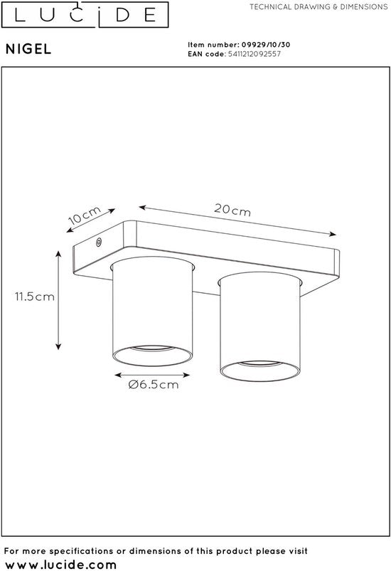 Lucide NIGEL - Plafondspot (Plafondlamp) - LED Dim to warm - GU10 - 2x5W 2200K/3000K - Zwart