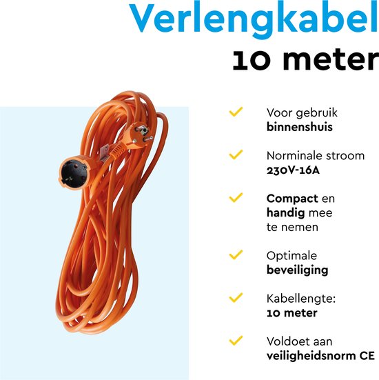 BRASQ Verlengsnoer 10 meter Oranje - Verlengkabel met randaarde - Verlengkabel voor binnen