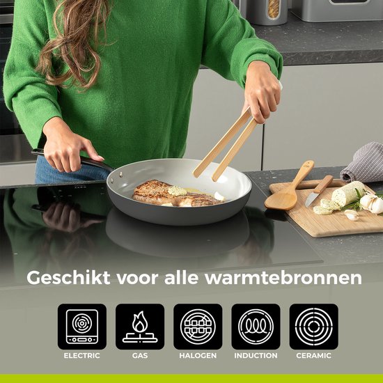 BE Living Koekenpan - Ø 28 cm - Bakpan - Keramisch - PFAS Vrij Anti-aanbak - Inductiepan - Grijs - Essential Series