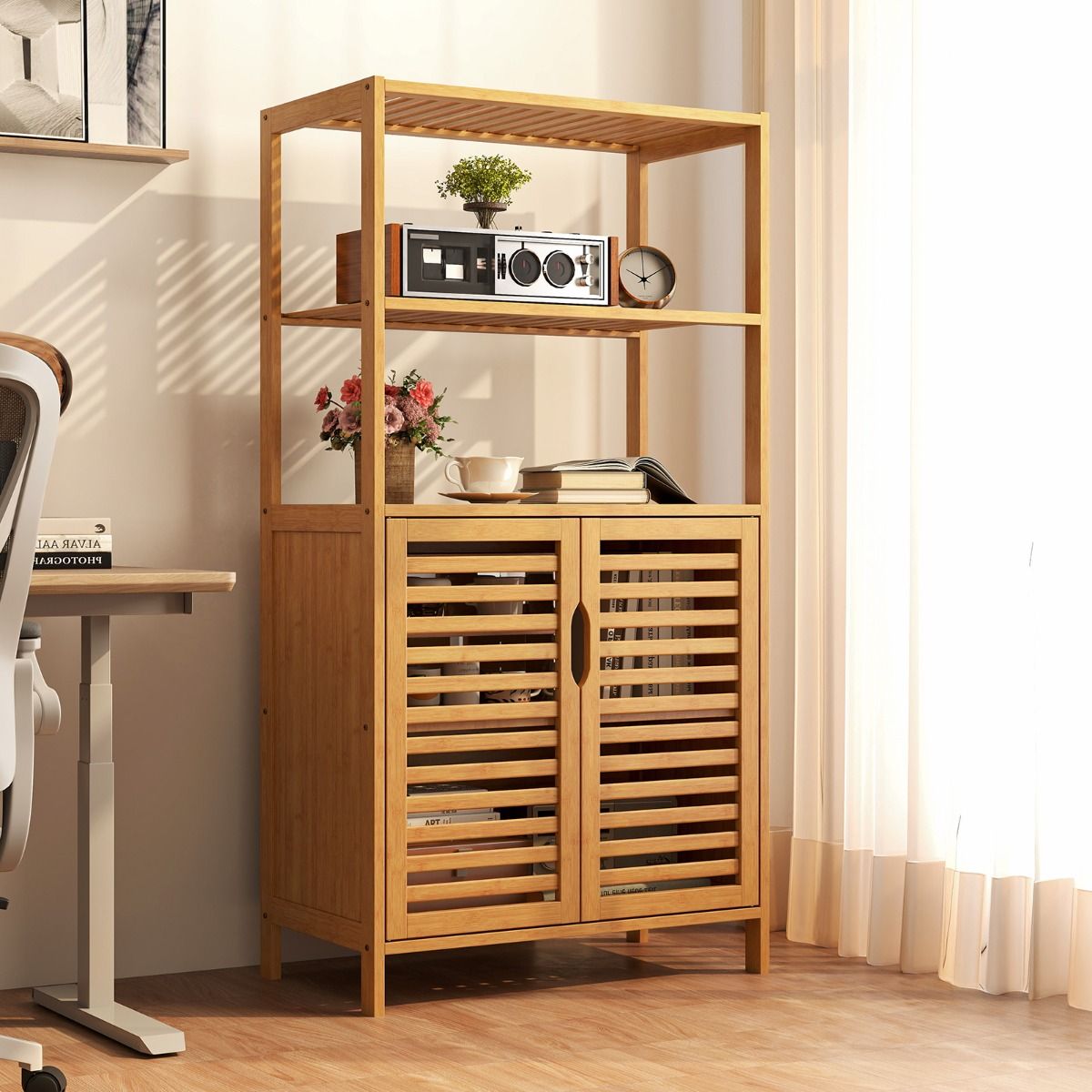 Coast Bamboe Boekenkast met Deuren – 4-Laags Opbergkast met Lamellendeuren – 60 x 33 x 116 cm – Naturel