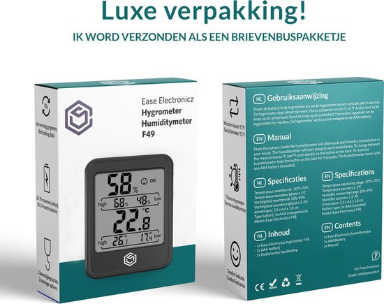 Ease Electronicz Hygrometer Min/Max - Luchtvochtigheidsmeter - Digitaal Weerstation - Vochtigheidsmeter - Thermometer voor Binnen - Met verlichting