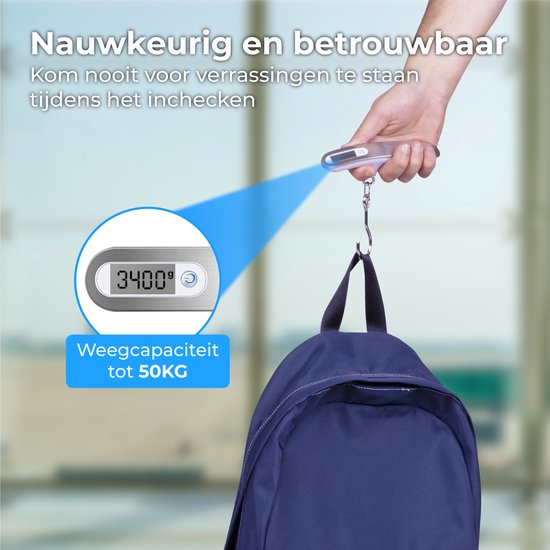 Nuvance - Digitale Kofferweegschaal - Bagageweegschaal tot 50 KG - Inclusief Weeghaak en Batterij - Bagageweger - Hangweegschaal  - Grijs/Wit
