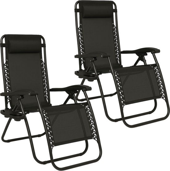 Brixy Opvouwbare Tuinstoelen set van 2 - Ligstoelen - Opvouwbaar - Verstelbaar - Ergonomisch Hoofdkussen - Metaal - Textileen - Zwart