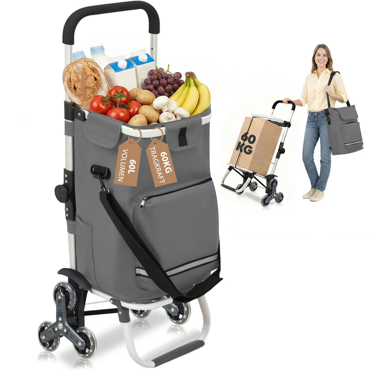 Sekey Boodschappentrolley met Traploopfunctie 60L Grijs 36 x 42 x 98 cm