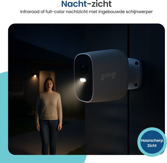 Gologi Draadloze Beveiligingscamera voor Buiten en Binnen - Bewakingscamera met Accu 5200 mAh - USB-C Oplaadbaar - Nachtzicht - Bewegingsdetectie - Magnetische Montage - 4MP HD Camera WiFi met App - Beveiligingscamera - Wit