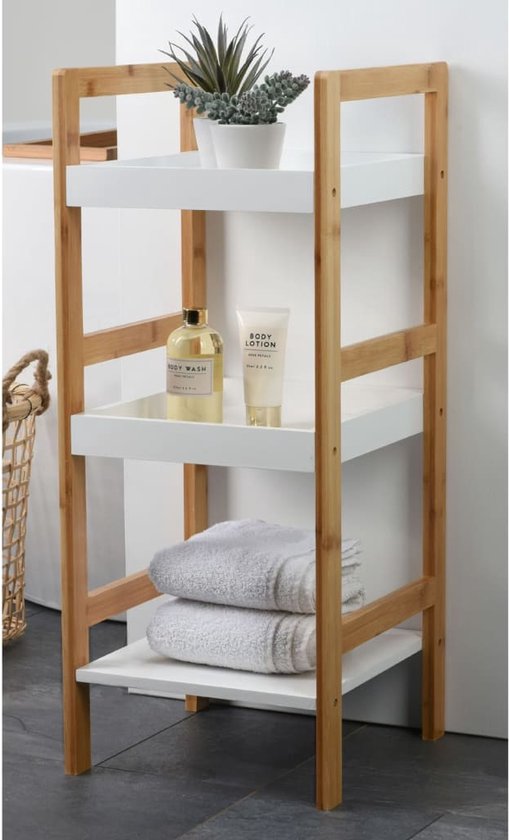 Bamboe houten bijzet kastje/badkamer rek wit/bruin met 3 planken 30 x 30 x 72 cm - Bijzetkastjes