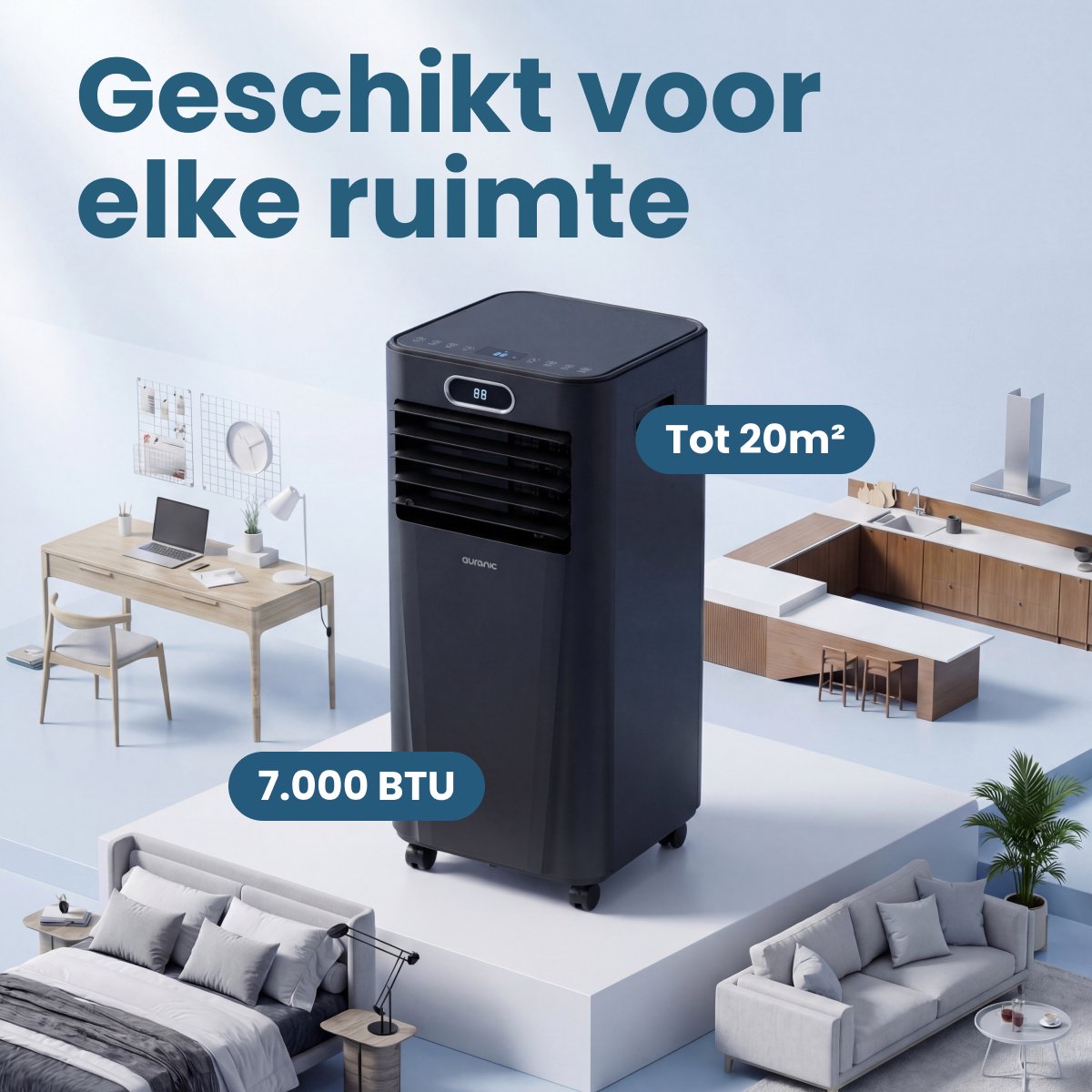 Auronic Mobiele Airco Zwart- 7000 BTU - Tot 20 m² - 3-in-1 - Met Raamafdichtingskits