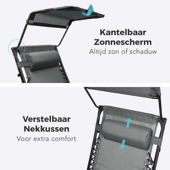 LifeGoods Opvouwbare Tuinstoelen - Verstelbaar Zonnescherm - Ligstoel Tuin - 2 Stuks - 30°-90° Verstelbaar - Metaal - Donkergrijs