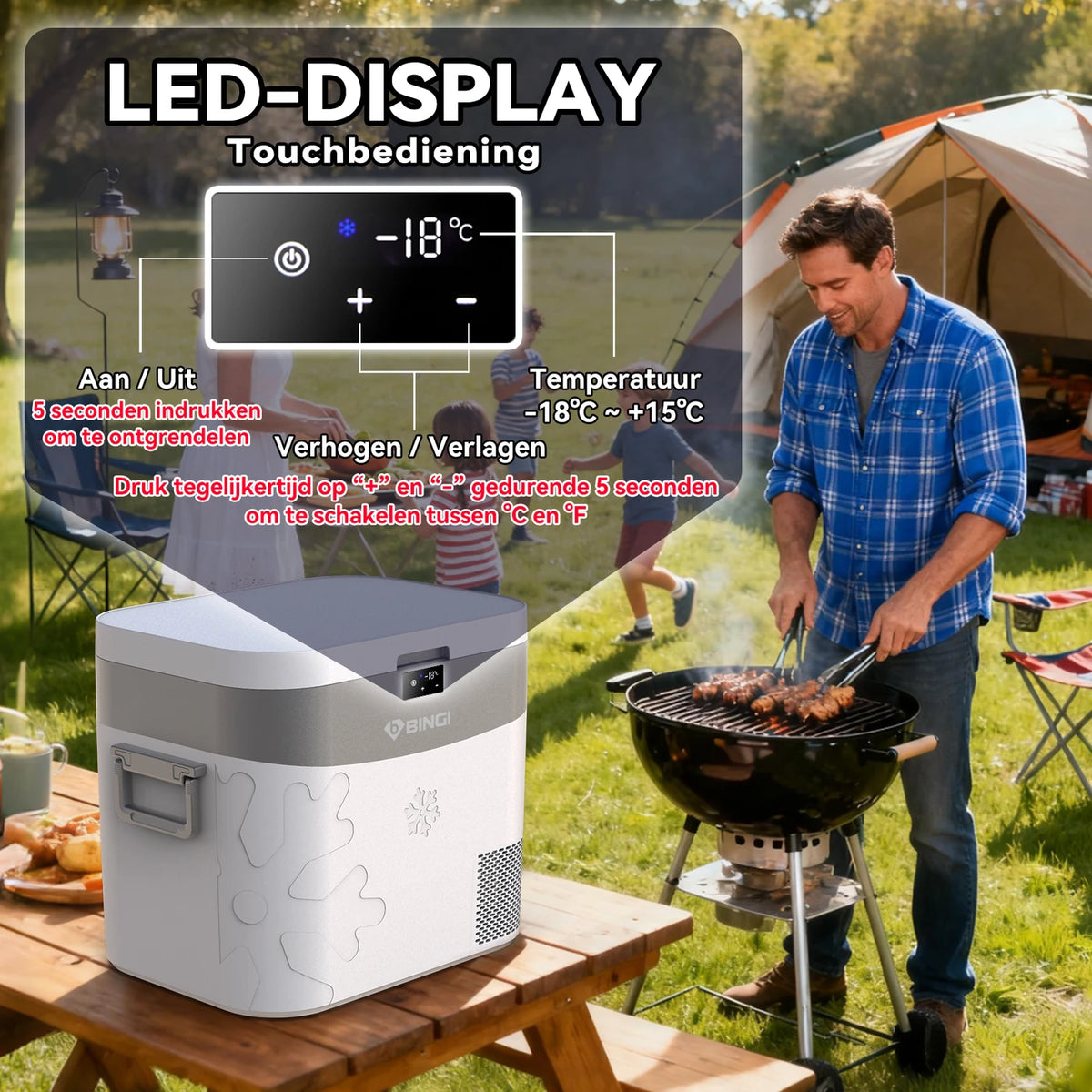 Bingi Compressor Koelbox 22 Liter - Koelen en Vriezen -18 tot 15 °C - 12/24 V en 230 V - Voor Auto, Camper en Camping