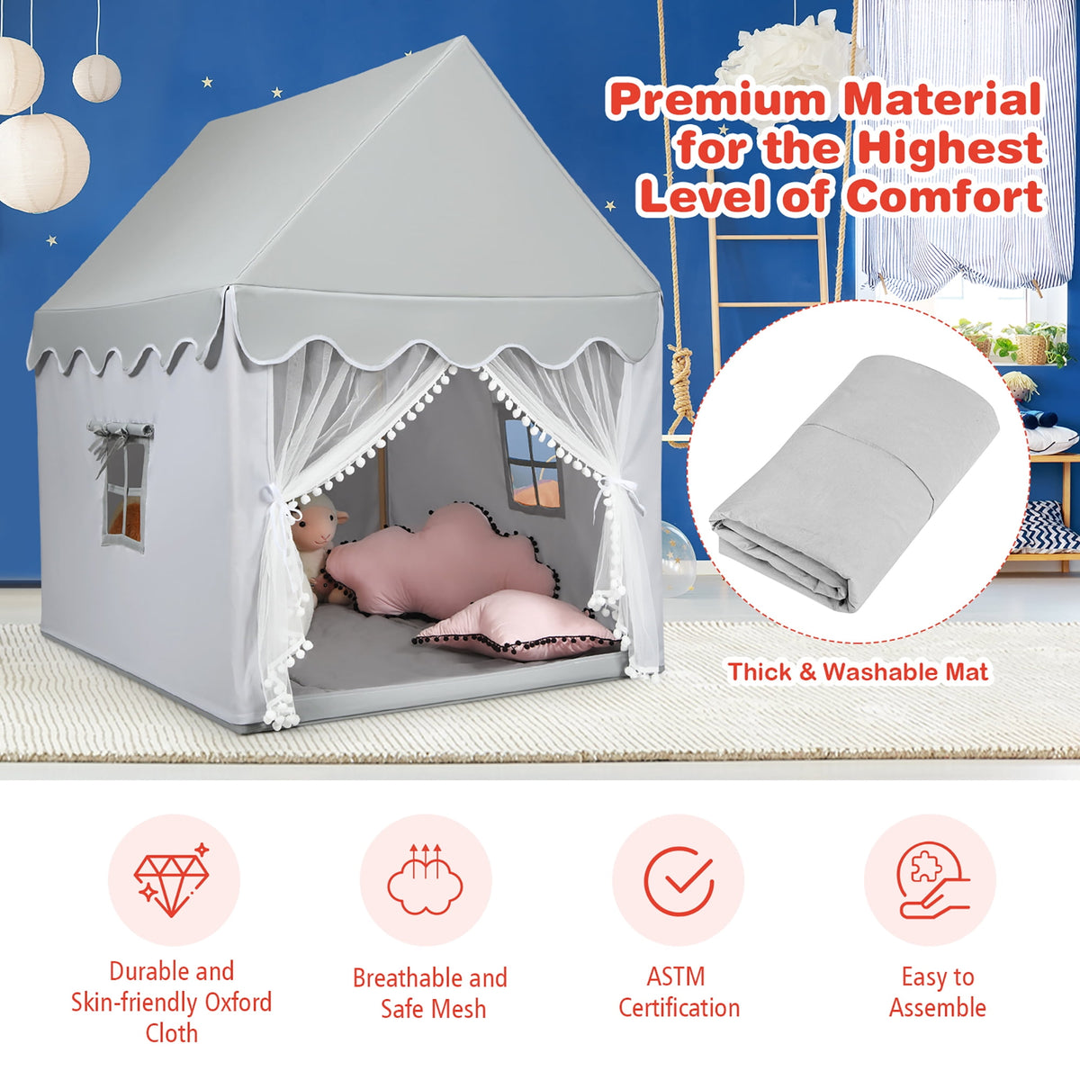 Coast Children's Play House Play House met massief houten frame en katoenmatras 120 x 105 x 140 cm grijs