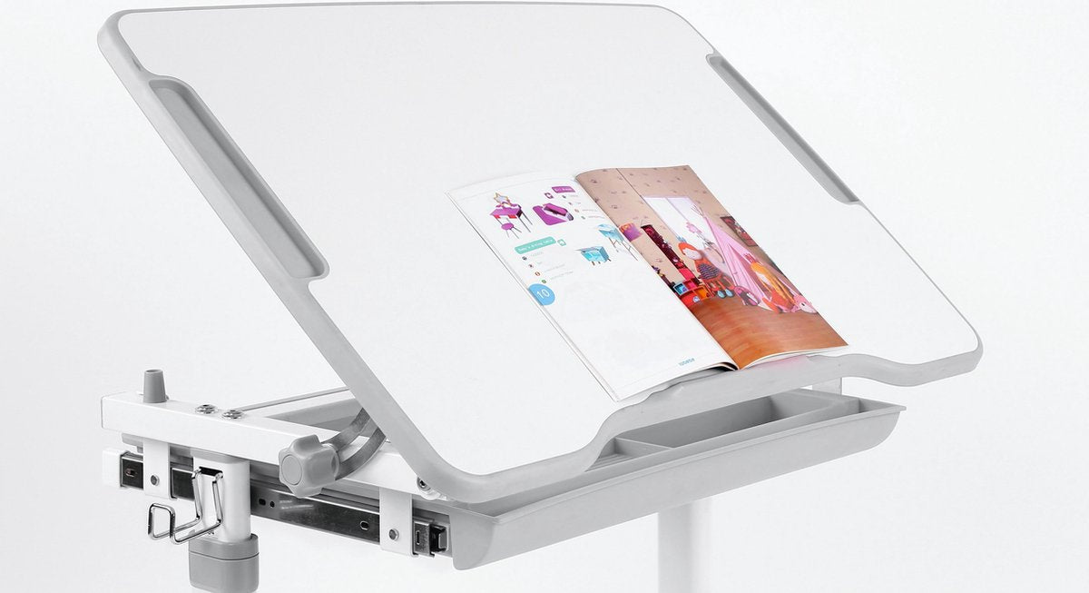 VDD Gaming Kinderbureau met Bureaustoel Hoogte Verstelbaar Grijs/Wit – Kantelbaar Blad – 66 x 47 x 54–76 cm