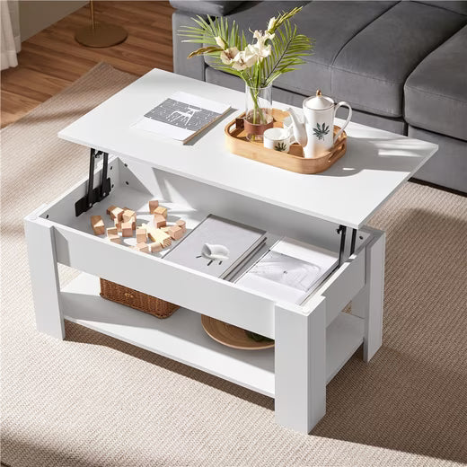 Yaheetech Salontafel Koffietafel Verstelbaar – Voorzien Van Gasveer Hefframe En Schuimrubberen Dopjes En Open Opbergruimte – Voor Woonkamer En Zithoek – Wit Mdf En Metaal – 98 x 50 x 42 cm