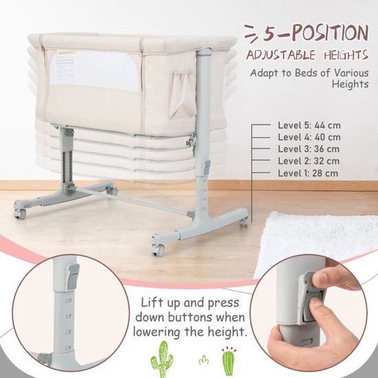 3-in-1 Baby Wiegje met 5-Standen Verstelbare Hoogte 10° Kanteling Draagbaar Wiegje voor Baby & Kind Beige/Grijs/Lichtgrijs