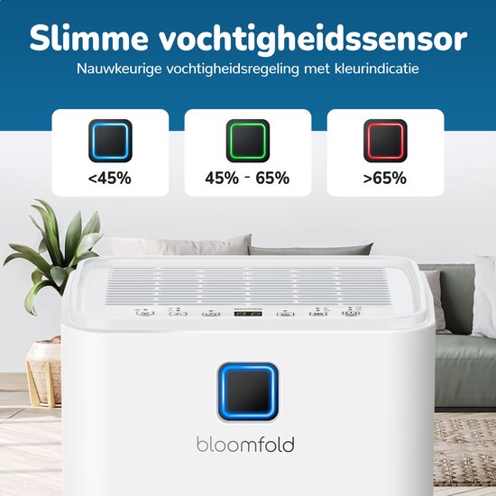 Bloomfold Luchtontvochtiger - 12L per Dag - Incl. Was-droog Functie - Geschikt voor Woonkamer, Slaapkamer, Kelder & Badkamer - Dehumidifier - Wit