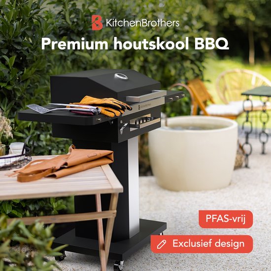 KitchenBrothers Houtskool Barbecue Grill – Met Deksel, Warmhoudrek & Wielen – 81 x 48 x 94 cm – Zwart