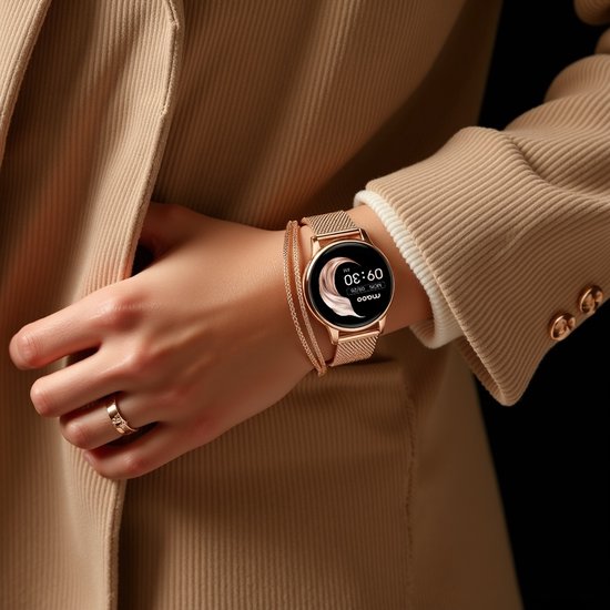 Maoo Ventura AMOLED Smartwatch Dames – RVS & 4 Siliconen Bandjes – Stappenteller, Hartslagmeter, Slaapmonitor, Multisport, Notificaties, Bellen, GPS, Android & iOS – Rosé Goud & Roze