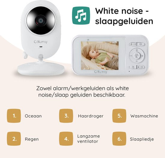 Numsy Babyfoon – Met Camera, Nachtzicht & Terugspreekfunctie – 300 m bereik – 10 x 10 x 4 cm – Wit