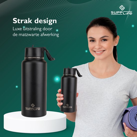 Supplife Luxe RVS Thermosfles / Drinkfles - 1 Liter - BPA & Lek Vrij - Waterfles met Rietje - Dubbelwandige Isolatie - Thermosbeker - Schenkdop en Dop met Rietje - Inclusief Schoonmaakborsteltje - Zwart