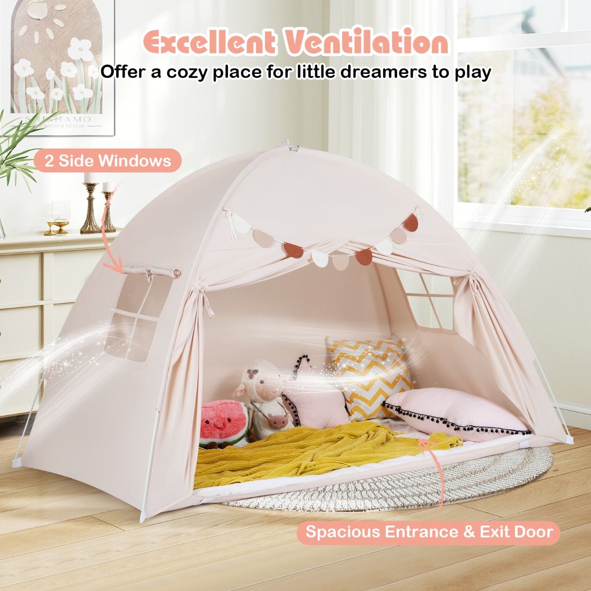 Coast Tweepersoons Kindertent - Opvouwbare baldakijntent - Met ramen en vlaggenbanner - 201 x 100 x 122 cm - Beige