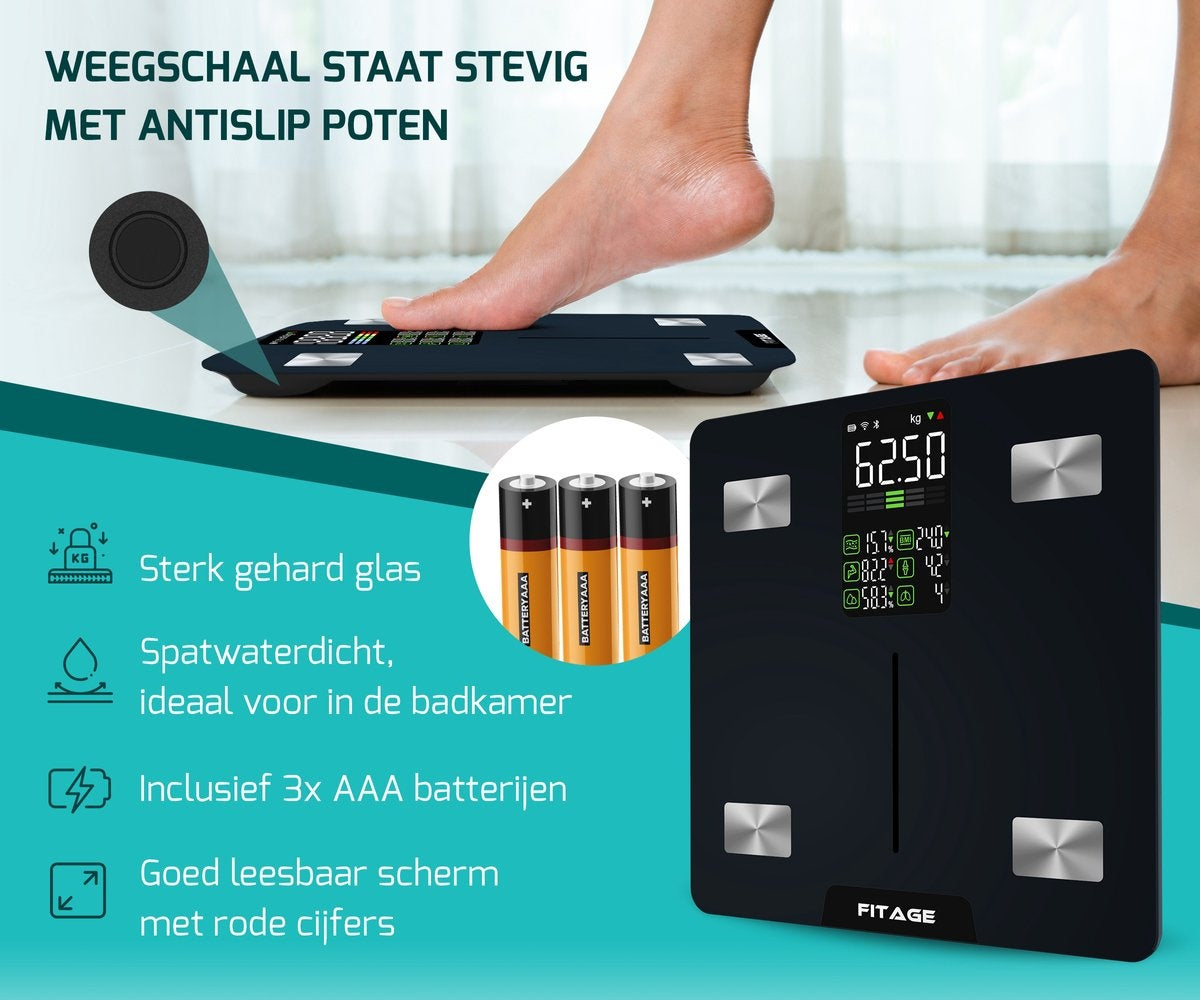 FITAGE LED Weegschaal Personenweegschaal Digitaal - Slimme Weegschaal met 17x Lichaamsanalyse - Weegschalen - FITAGE App