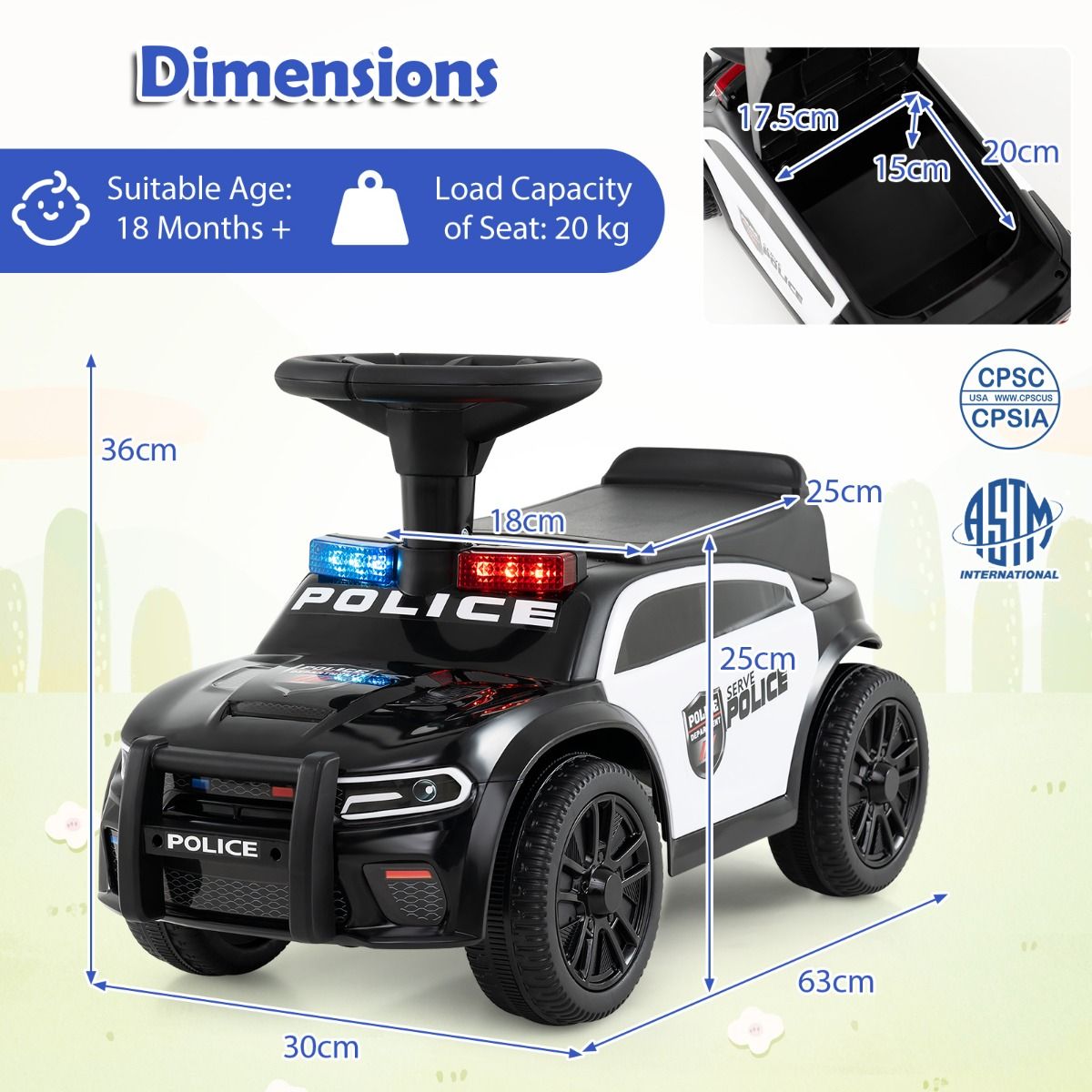 Coast Elektrische Politieauto voor Kinderen - Zwaailichten en Muziek - Opbergruimte onder de Zitting - Zwart