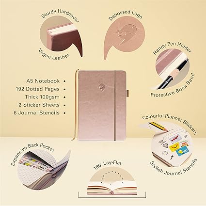 Ottergami Set van 2 Bullet Journal met stippen, A5 Notitieboek + Scrapbooking Sticker