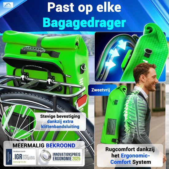 Nextcover 3in1 Fietstas Enkel voor Bagagedrager [PVC vrij] | Waterdichte Fietstas, Rugzak en Schoudertas 25L | Ideaal voor Laptop en Wekelijkse Aankopen | Fiets Tas Enkele | Fietstassen