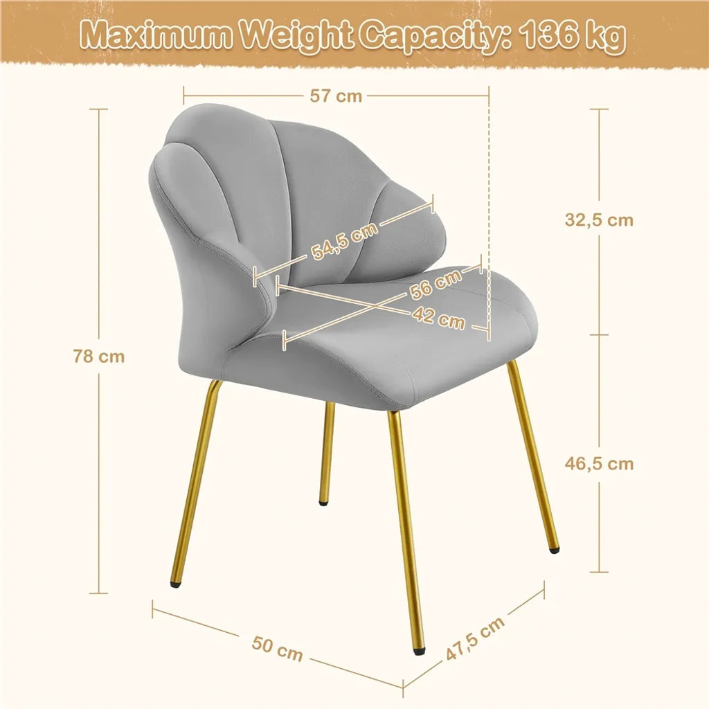 Yaheetech Eetkamerstoel Schelpvorm 56 x 57 x 78 cm - Lichtgrijs - Fluwelen Stoel met Metalen Poten