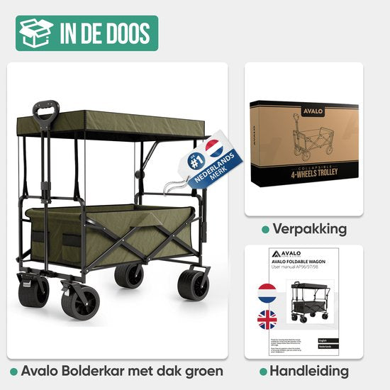 Avalo Bolderkar Met Dak XL Opvouwbaar - Tot 110KG Draagvermogen - 120L - 97x60x105 CM - 360º Wielen - Bolderwagen / Bolderkarren / Strandkar / Trekkar / Plooibare Bolderkar - Voor Strand - Groen