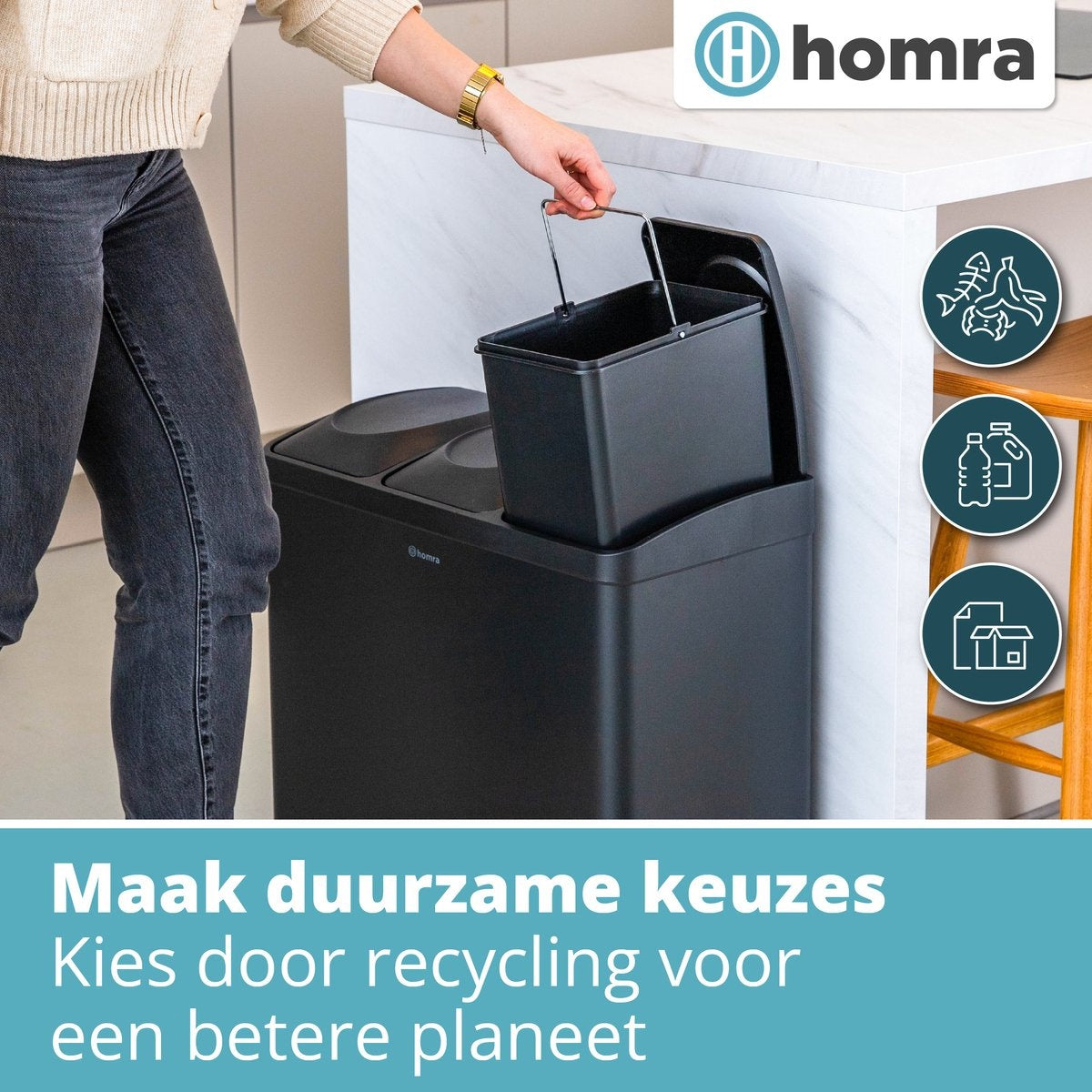 Homra Maxer Prullenbak Met 3 Vakken - 60L (3x20L) - 34 x 60.5 x 60.5 cm - Zwart