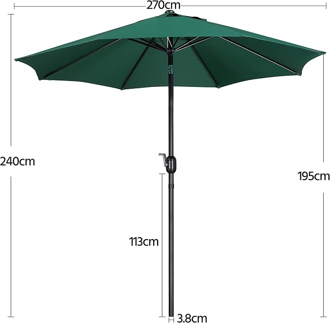 Yaheetech Parasol - Ø 270 cm - Kantelbaar - Met Zwengel - Donkergroen