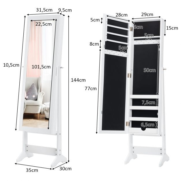 Coast 2-in-1 Sieradenkast Met Spiegel - Kantelbaar - 35 x 30 x 144 cm - Wit