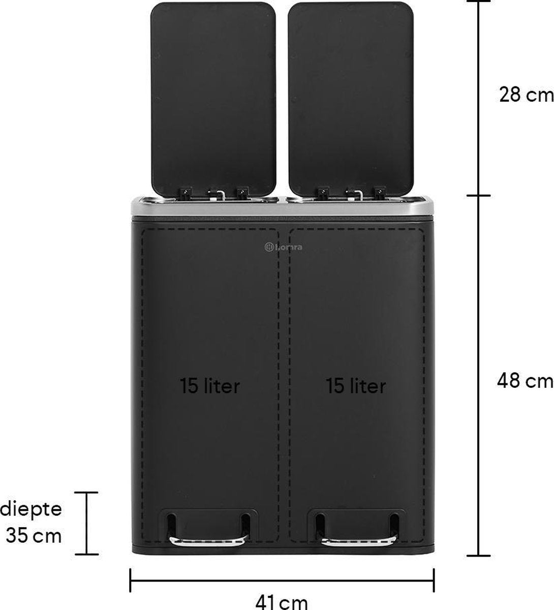 Homra BLINQ Prullenbak 30 Liter - 2x15 L inhoud - Duo Pedaalemmer - RVS -  Zwart - 47x41x35 cm