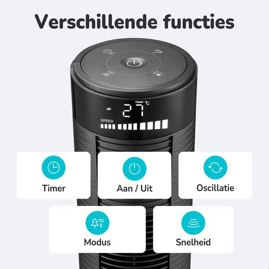 Bloomfold Toren Ventilator - 96,5 cm - Zwart - Afstandsbediening - Slaapstand - 12 uur Timer - Full Led Display