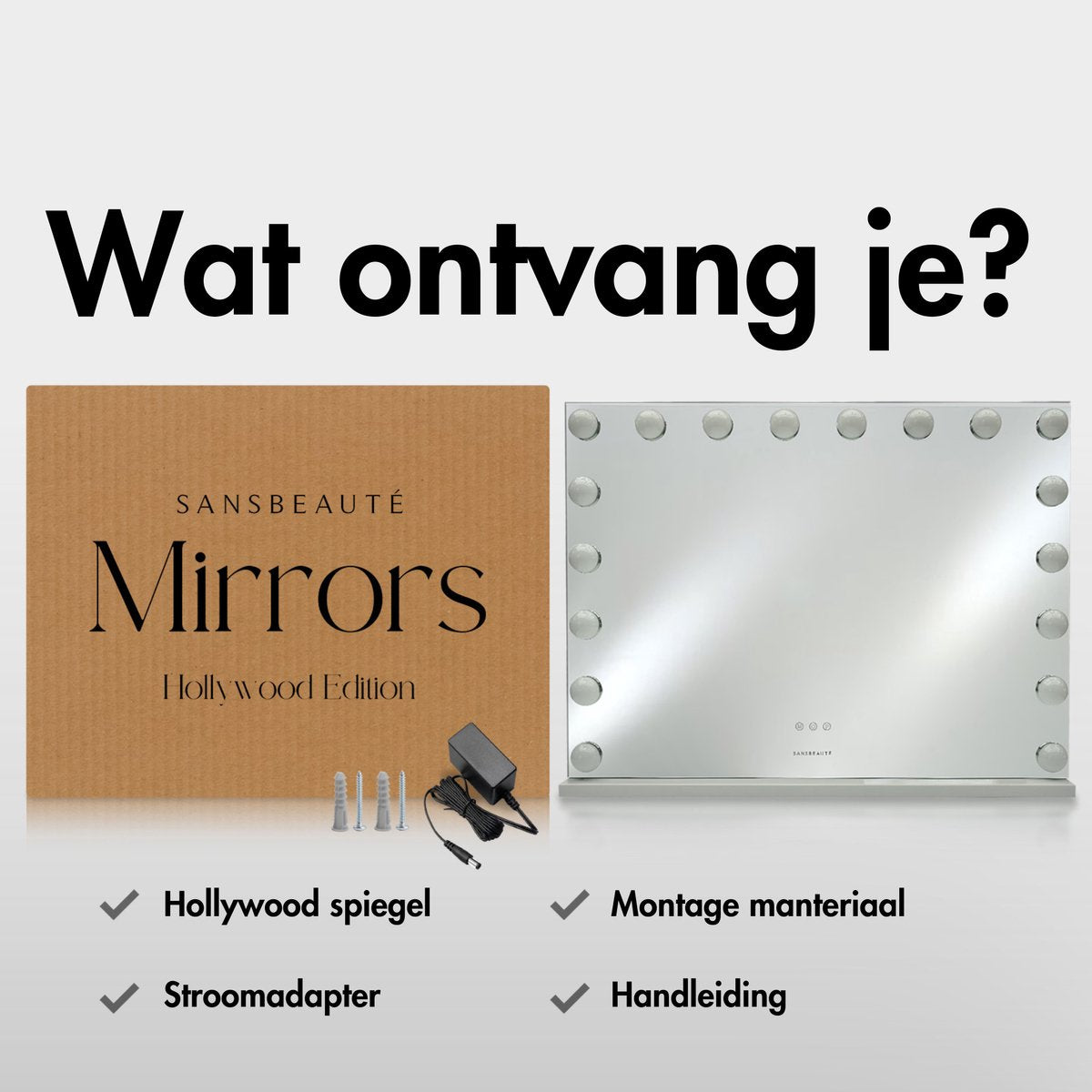 Sansbeauté® Hollywood Spiegel 80x60 cm - Make-up Spiegel - 18 LED Lampen - 10x Vergroting - Dimbaar - USB Oplaadpoort - Touch Control - Bluetooth - Multi