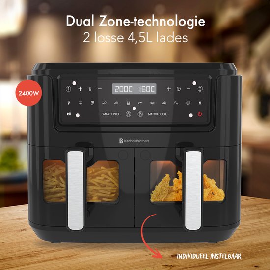KitchenBrothers Airfryer – Dual Zone & 10 Programma's – 2400 W – 38.8 x 36.5 x 31.8 cm – Zwart