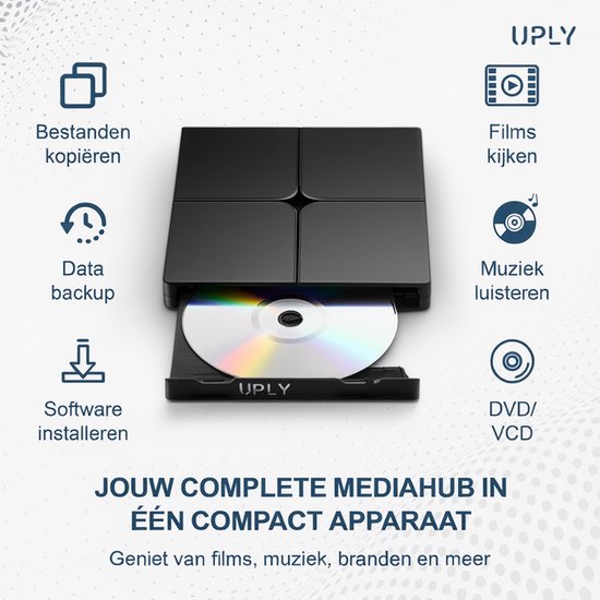UPLY Externe DVD Speler - Windows en Mac - USB C en USB 3.0 - Externe DVD Speler voor Laptop - Externe DVD Speler en Brander - CD
