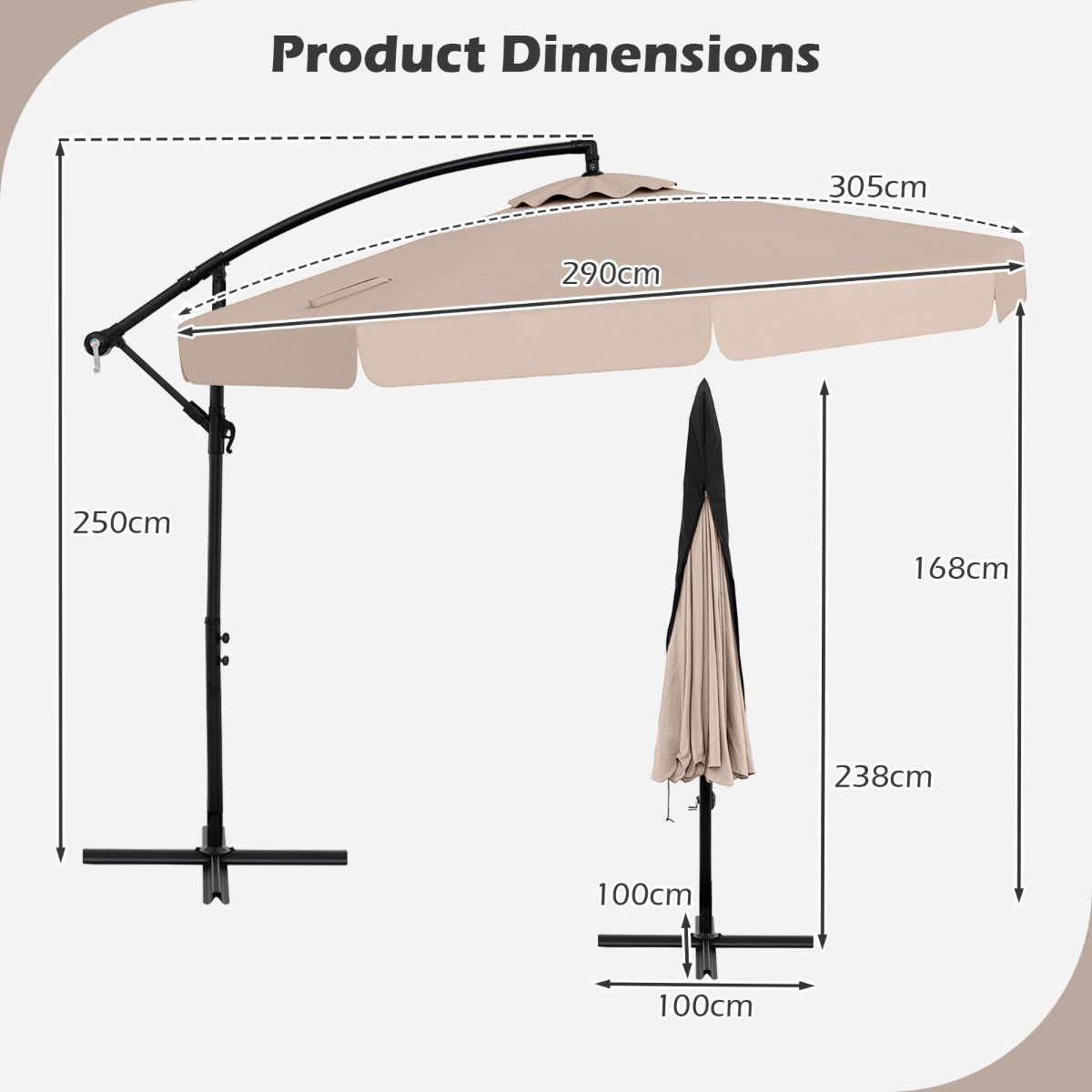 Coast Hangparasol - 305 cm diameter - In hoogte verstelbaar - Inclusief beschermhoes - Beige