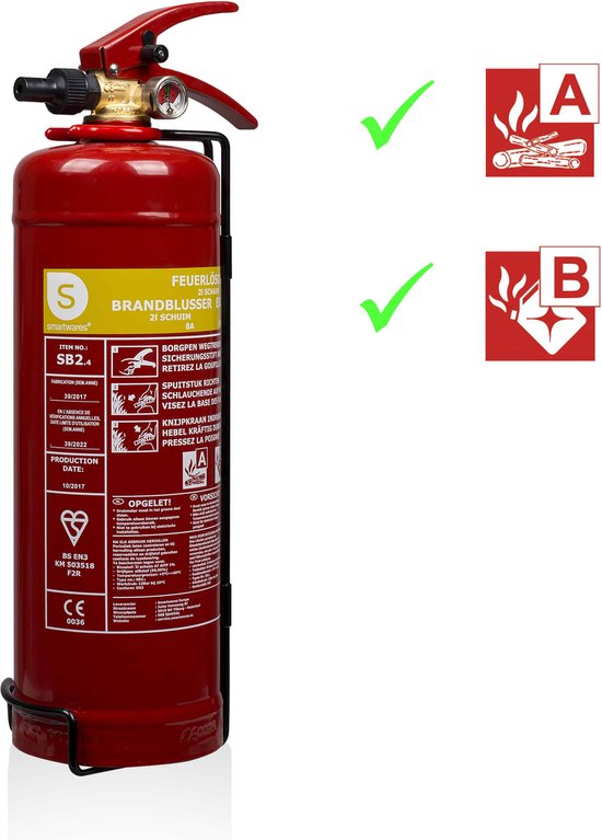 Smartwares 10.014.97 Brandblusser - 2 Liter - Schuim - Inclusief ophangbeugel - Brandklasse AB - BSI Gecertificeerd