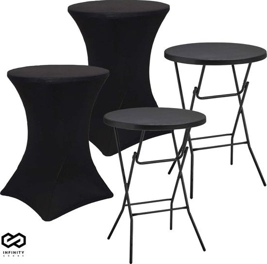 Infinity Goods 2x Stevige Zwarte Statafel + 2x Zwarte Statafelrok - Partytafel - Robuust en Weersbestendig - Inklapbaar - 80cm x 110cm - Feest
