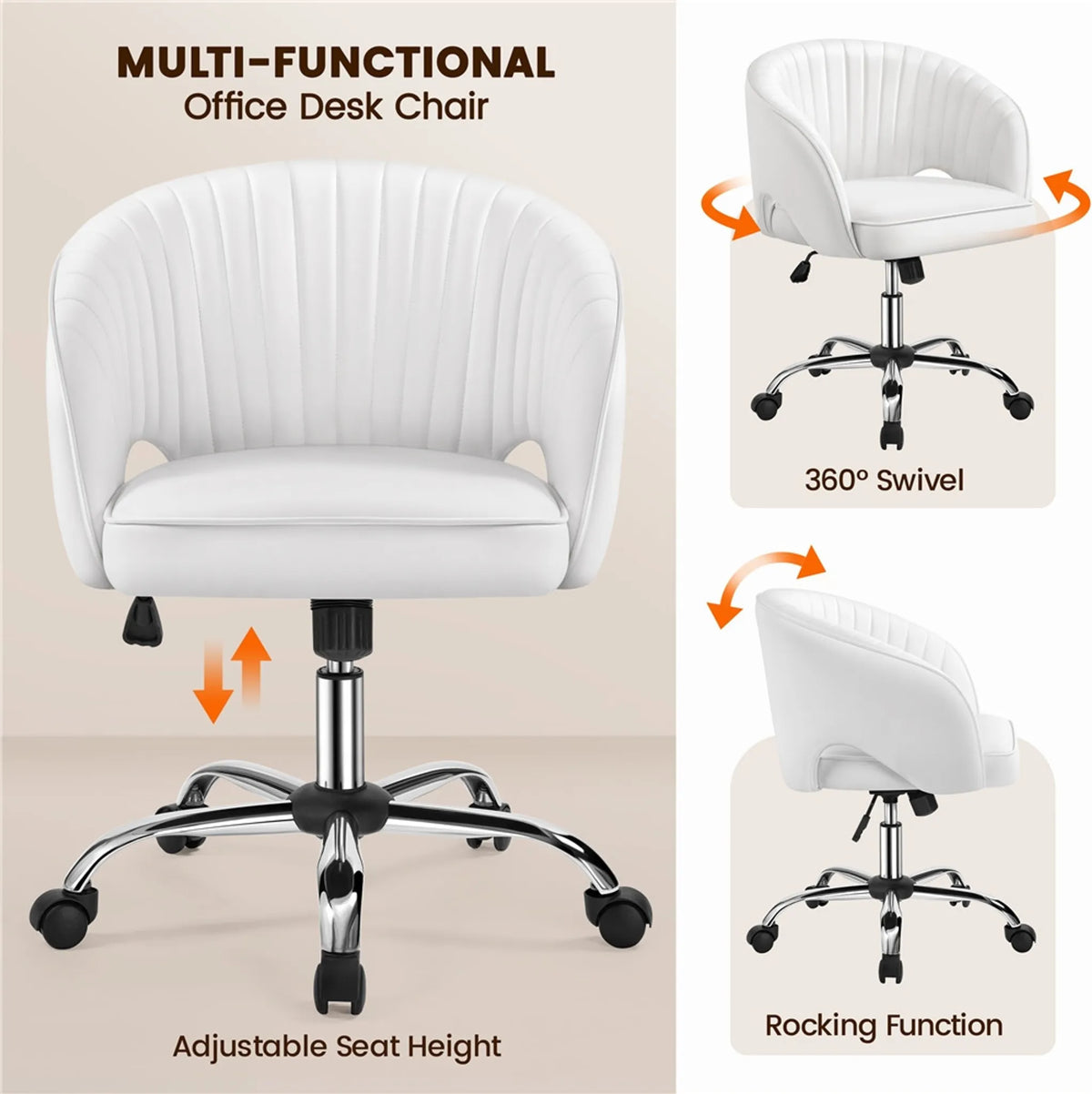 Yaheetech Stijlvolle Bureaustoel met Verticaal Patroon 73-83 cm – Wit – Polyester en Metaal
