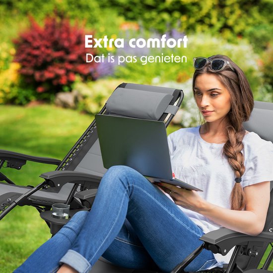 LifeGoods Ligstoelen Comfort - Opvouwbaar - 30°-90° Verstelbaar - Beker en Telefoonhouder - Tuinstoelen - Zwart/Grijs