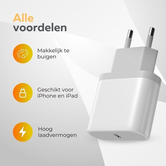 Wurk - Oplader - Geschikt voor iPhone, Airpods en iPad - 20W Snellader - Oplaadkabel van 3M