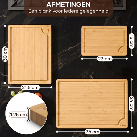 Villux Snijplank - Snijplankenset - Snijplank Hout - Snijplanken - Snijplank Bamboe - Houten Snijplank - Tapasplank - Borrelplank - Serveerplank - Hapjesplank - Inclusief eBook - 3 Stuks - Bamboe